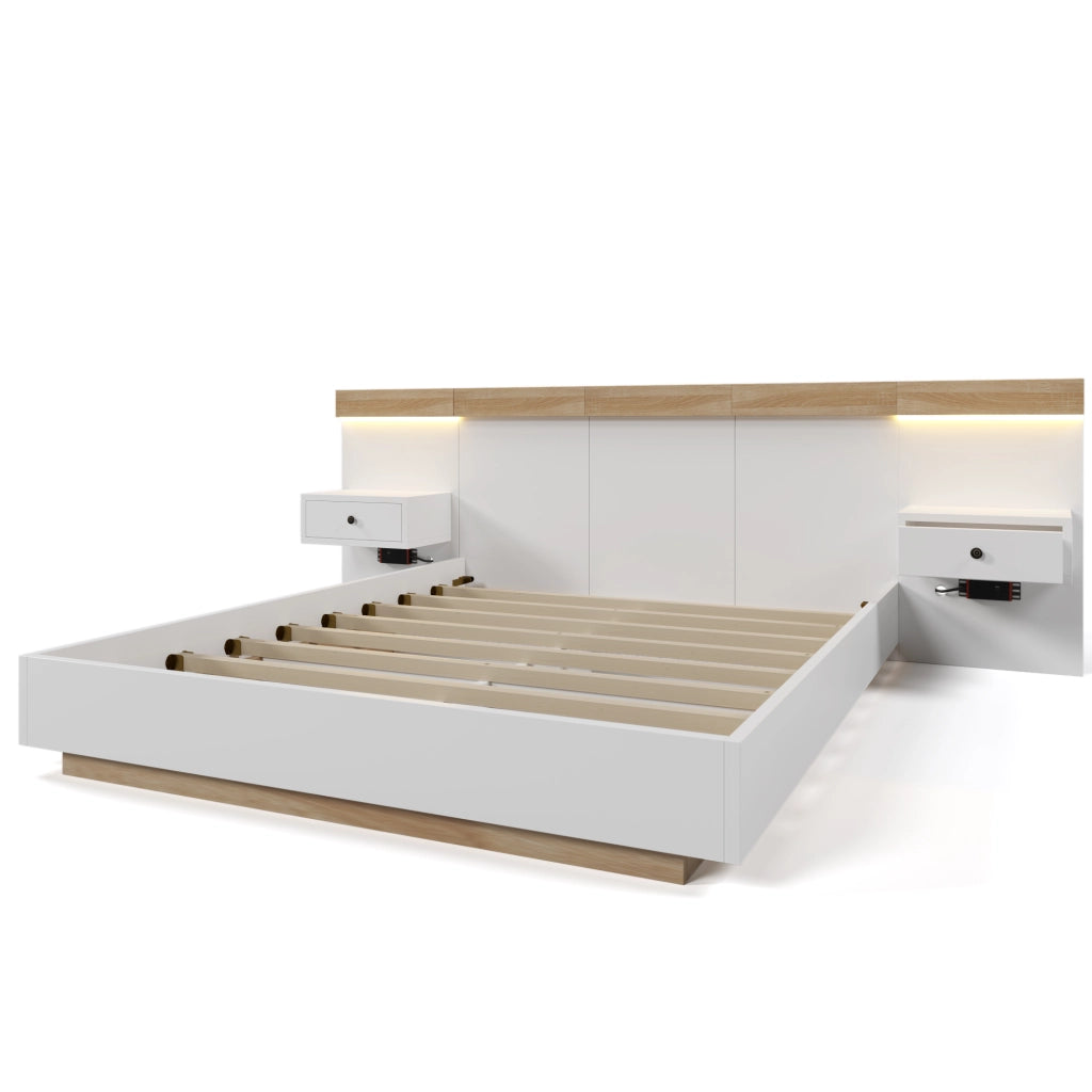 Letto Matrimoniale 140x200 cm - 2 Comodini LED; USB e Type-C - in Legno - Bianco Rovere