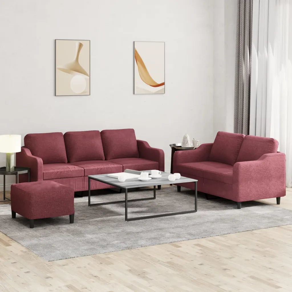 Set di Divani 3 pz con Cuscini Rosso Vino in Tessuto 3201848