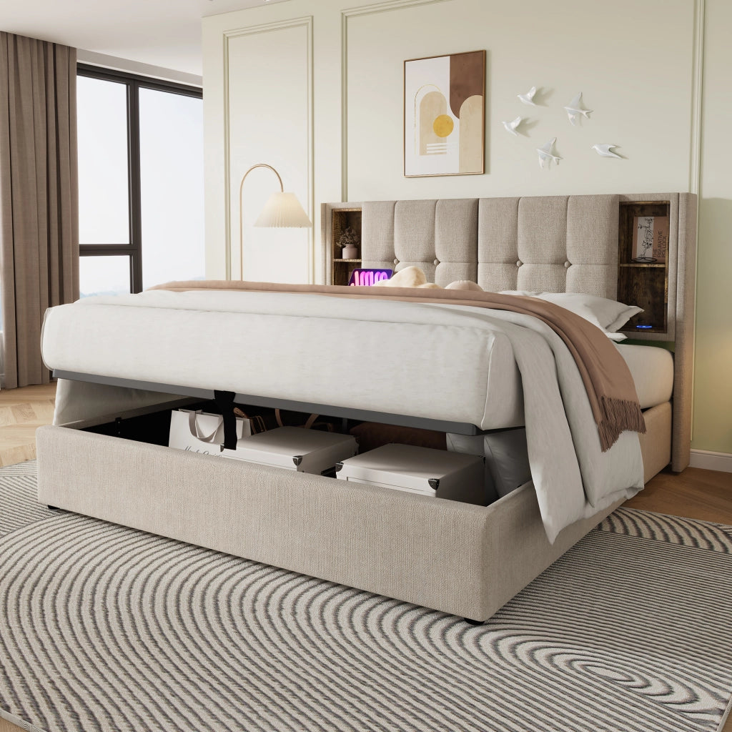 Letto Contenitore Matrimoniale 180x200 cm; USB e Type-C; Ricarica Wireless - Lino