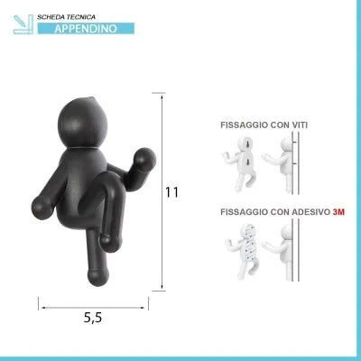 Appendino da muro in ABS nero con due modalità di fissaggio  Bruce