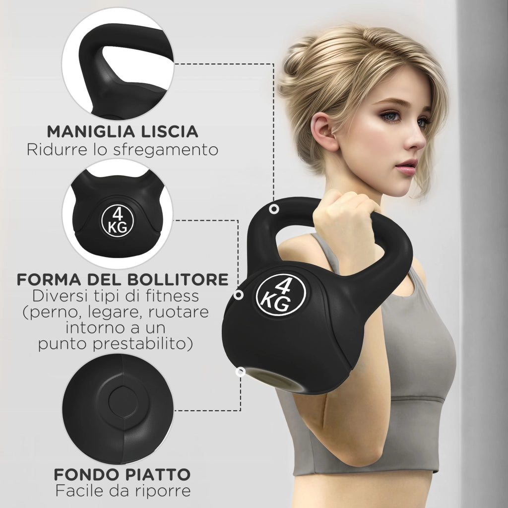 Kettlebell 4kg in Plastica e Sabbia con Base Piatta e Impugnatura, 18x12x20 cm, Nero
