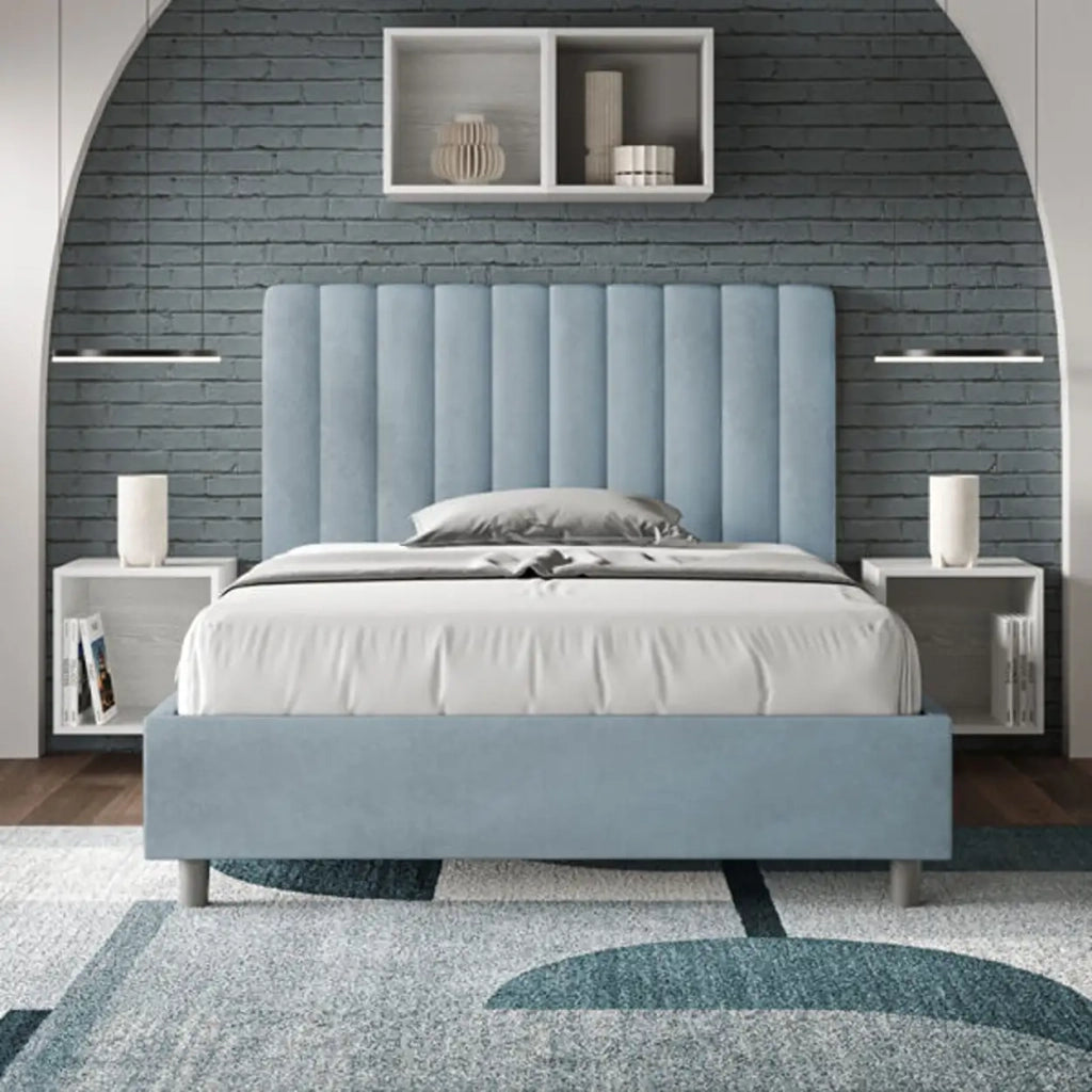 Letto una piazza e mezza senza rete imbottito 120x190 microfibra azzurro Agueda