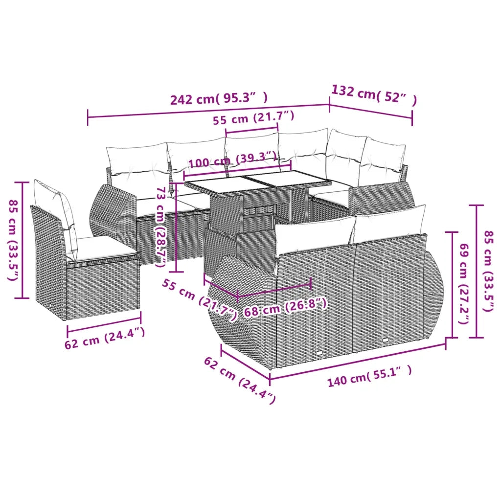 Set Divano da Giardino 9 pz con Cuscini Beige in Polyrattan 3268669