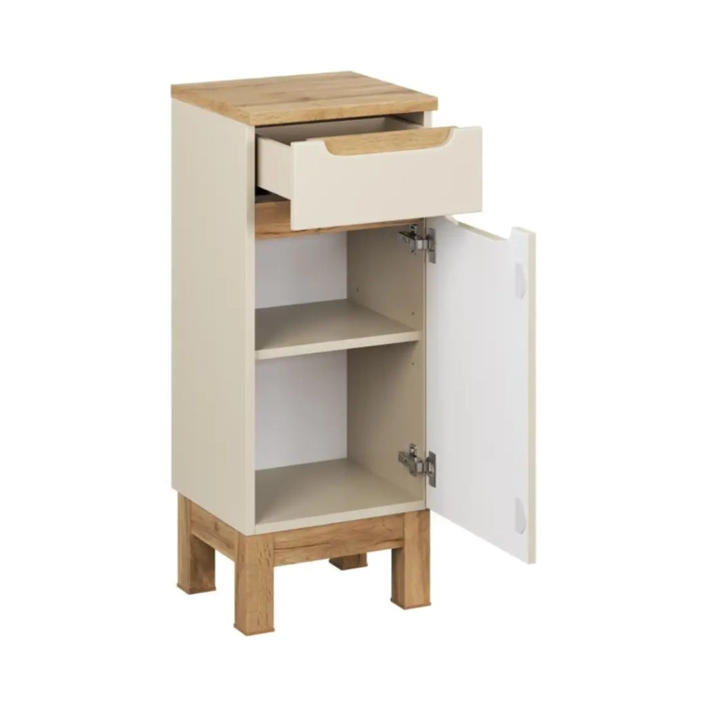 Set ERMANO cashmere e effetto quercia 150cm: mobile sottolavabo + lavabo da appoggio + mobili sospesi e da appoggio