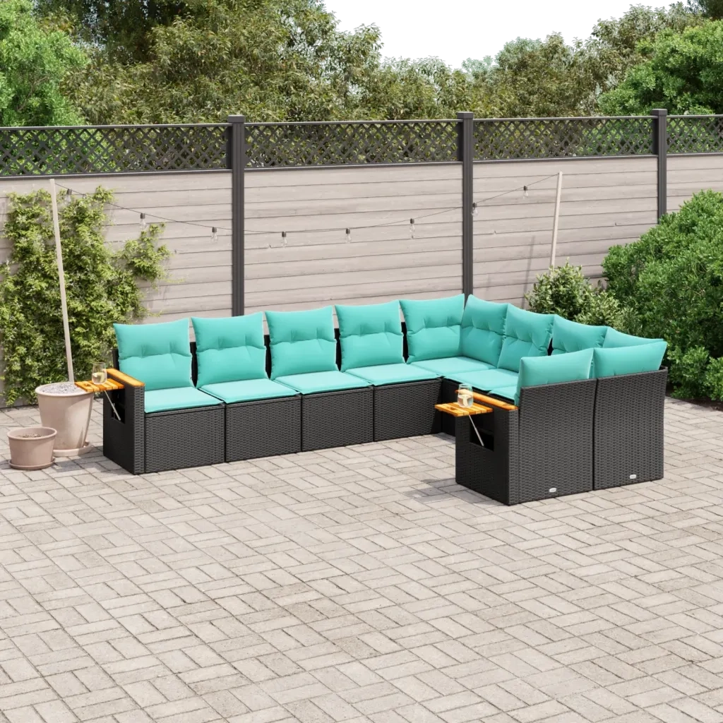 Set Divani da Giardino 9 pz con Cuscini Nero in Polyrattan