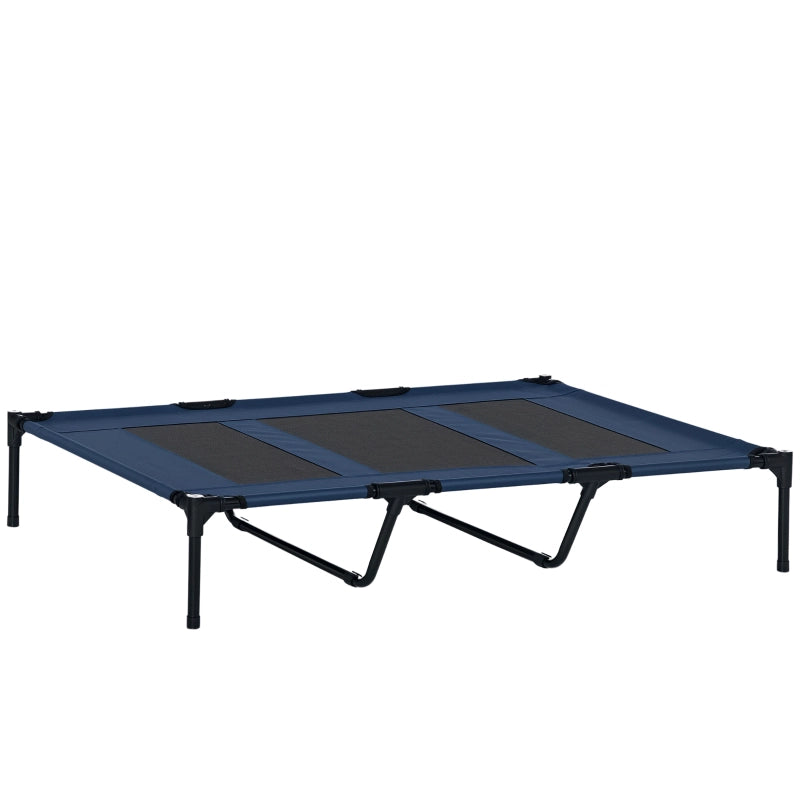 Lettino prendisole rialzato per cani con struttura in metallo e design compatto in metallo blu scuro