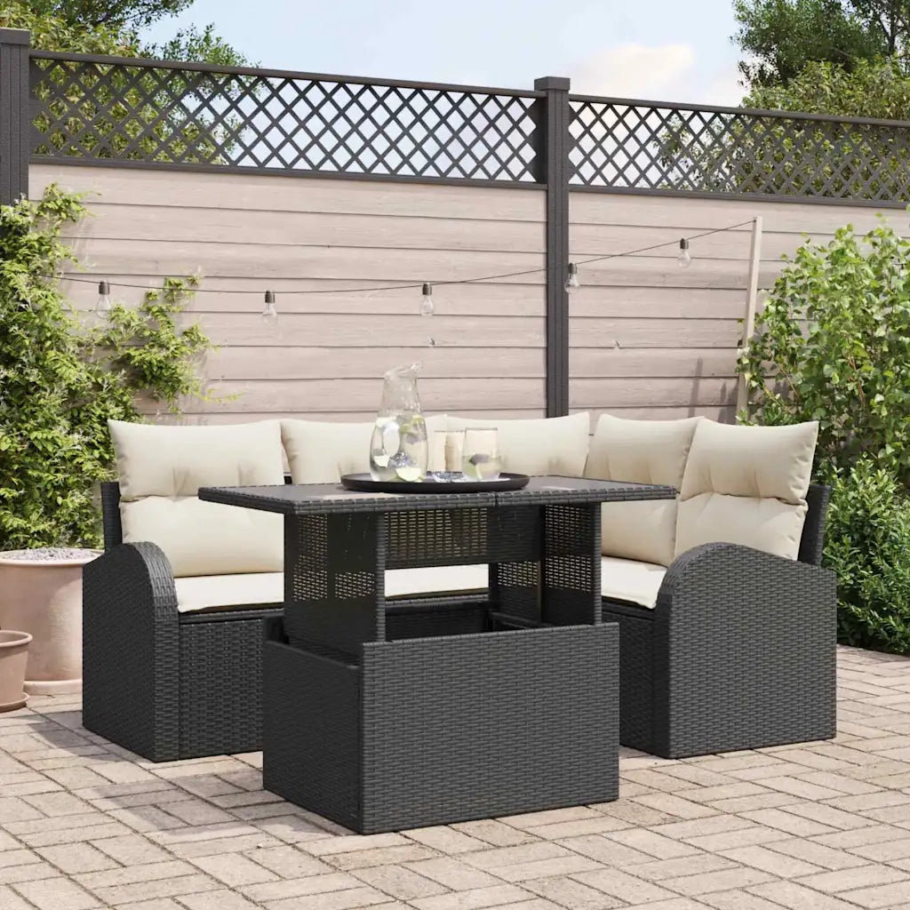 Set Divano da Giardino con cuscino 5 pcs Nero Poly Rattan