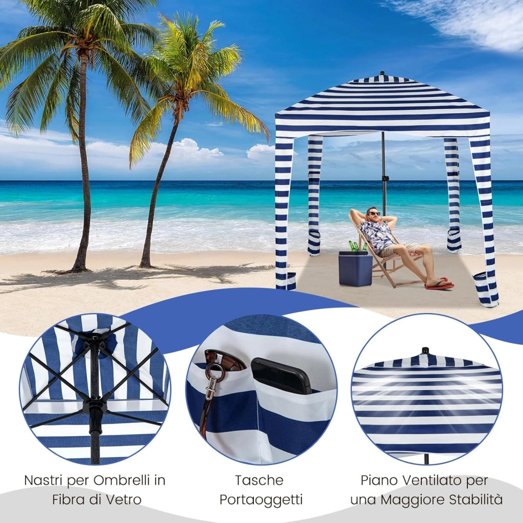 Tenda da Spiaggia Pieghevole 183 x 183 cm, Tenda da Mare con Borsa di Trasporto, Parete Removibile e 8 Tasche per Sabbia, per Spiaggia, Campeggio e Picnic (Blu e Bianco, 183 x 183 cm)