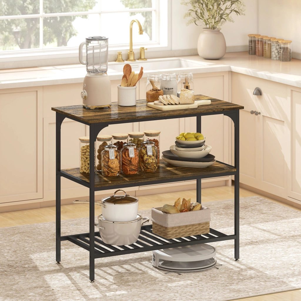 Scaffale da cucina rustico ¨C zephmum ¨C 3 ripiani, in acciaio, marrone e nero
