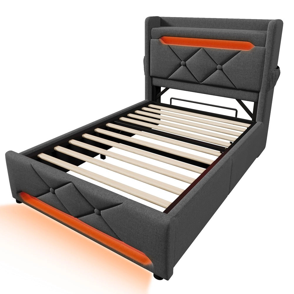 Letto Singolo Imbottito Contenitore con LED e USB ¨C MINIMAL ¨C Grigio, Tessuto, 90x200