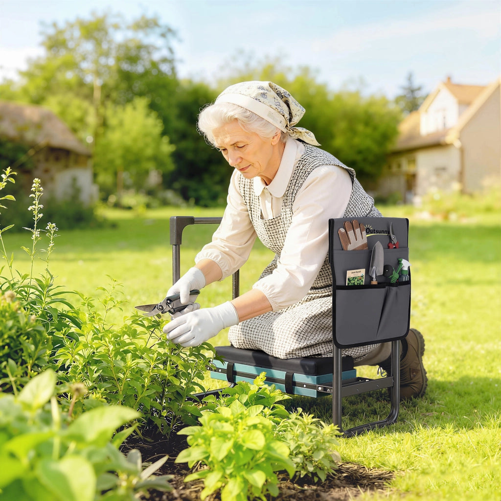 Sgabello pieghevole da giardino ¨C Xylo ¨C con cuscino EVA e tasche porta attrezzi grigio scuro