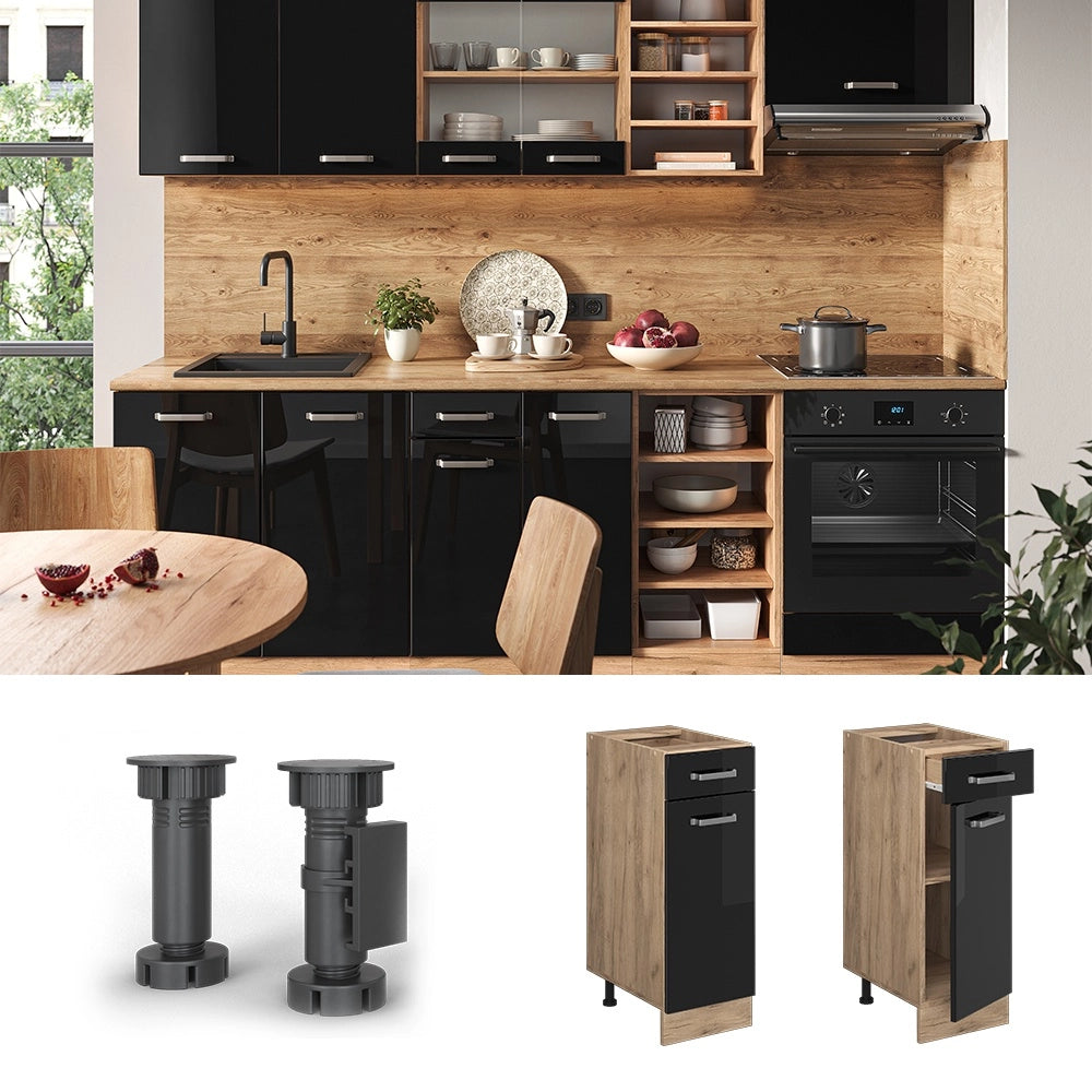 Mobiletto base per cucina R-Line Nero lucido/Rovere dorato 30 cm PL Marmo Vicco