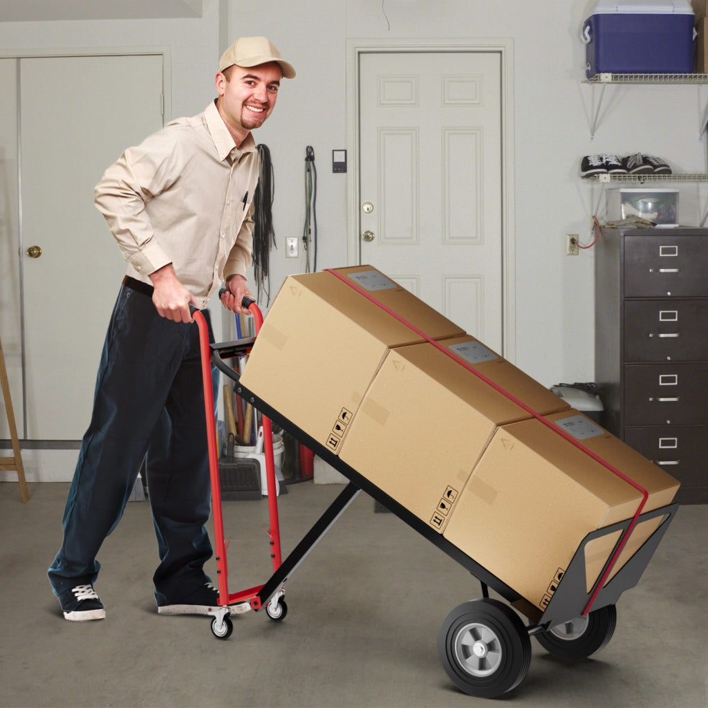 Carrello a mano convertibile con 4 ruote in gomma portata 450 kg-Carrello portapacchi 3-in-1 pieghevole Nero e rosso
