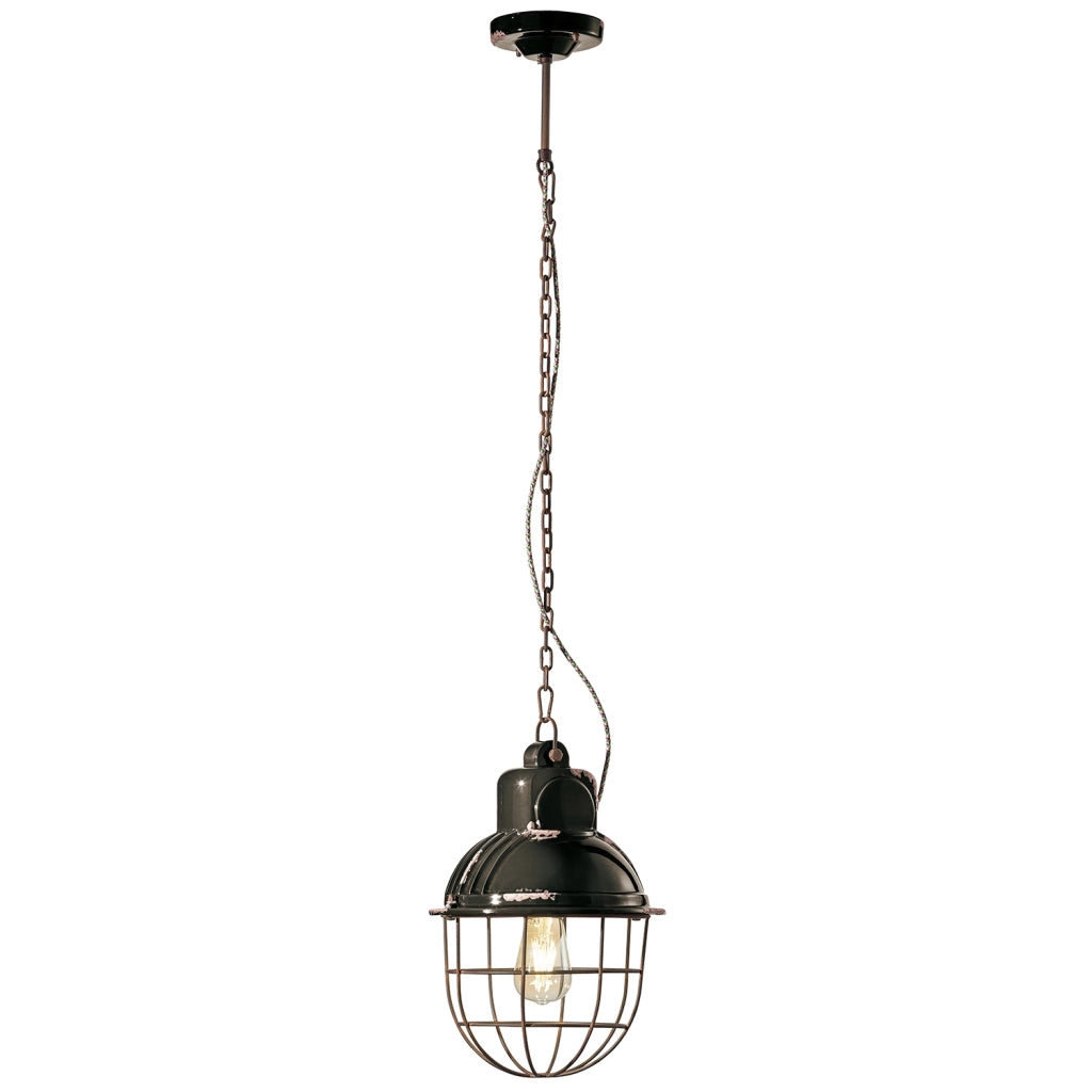Lampadario Industrial Ferro E Ceramica Con Rete Vintage Nero 1 Luce E27 26Cm
