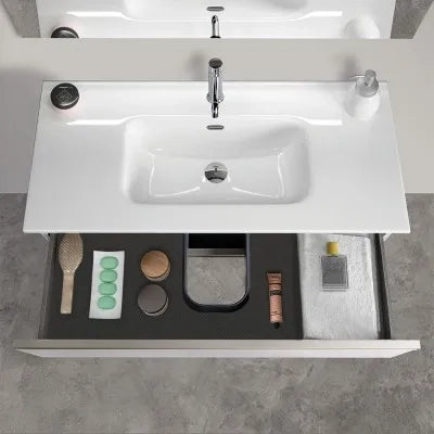 Mobile bagno sospeso 80 cm bianco opaco con lavabo e specchio tondo Master