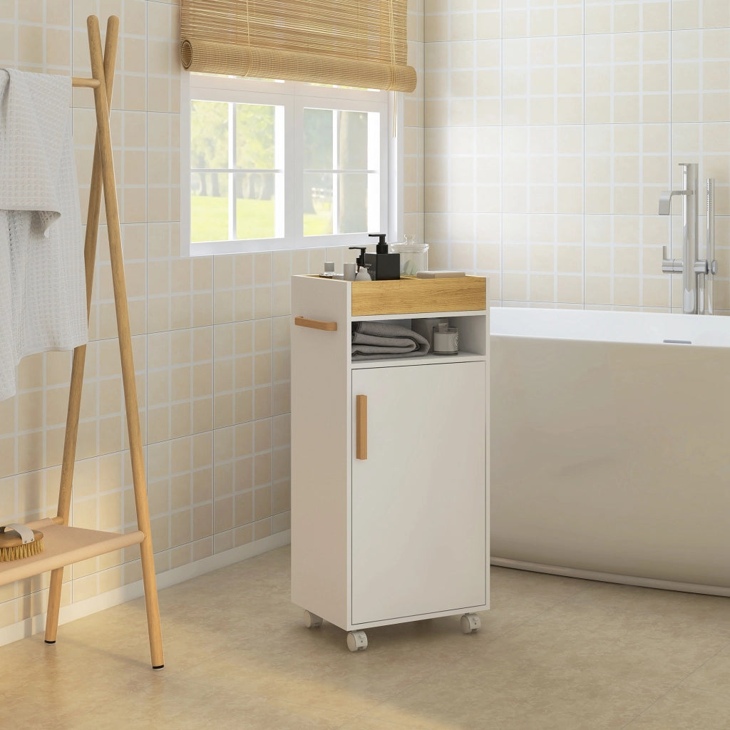 Armadietto Bagno con Ripiani Regolabili e Ruote ¨C Minimal ¨C Bianco Rovere 40x30x88