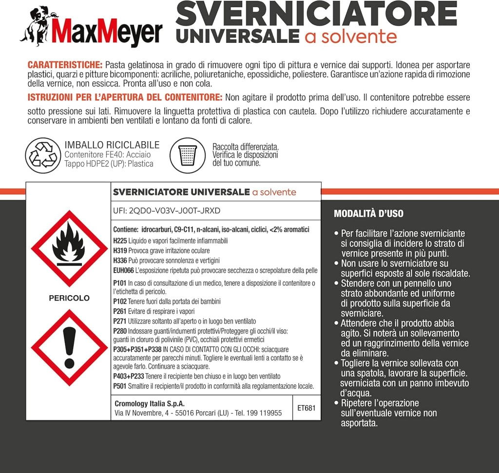 Sverniciatore Universale a Solvente per Legno, Ferro e Muri, 0.75L
