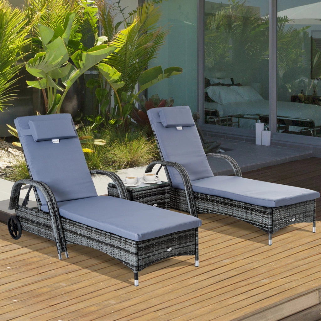 Set 3 Pezzi Polyrattan con Tavolo e Lettini Sole ¨C Minimal ¨C Grigio