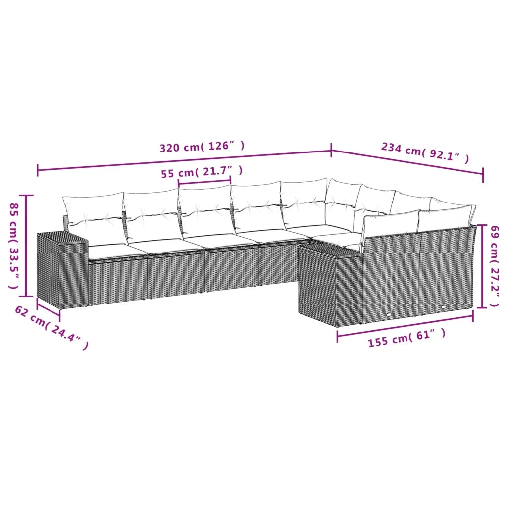 Set Divano da Giardino 9 pz con Cuscini Beige in Polyrattan