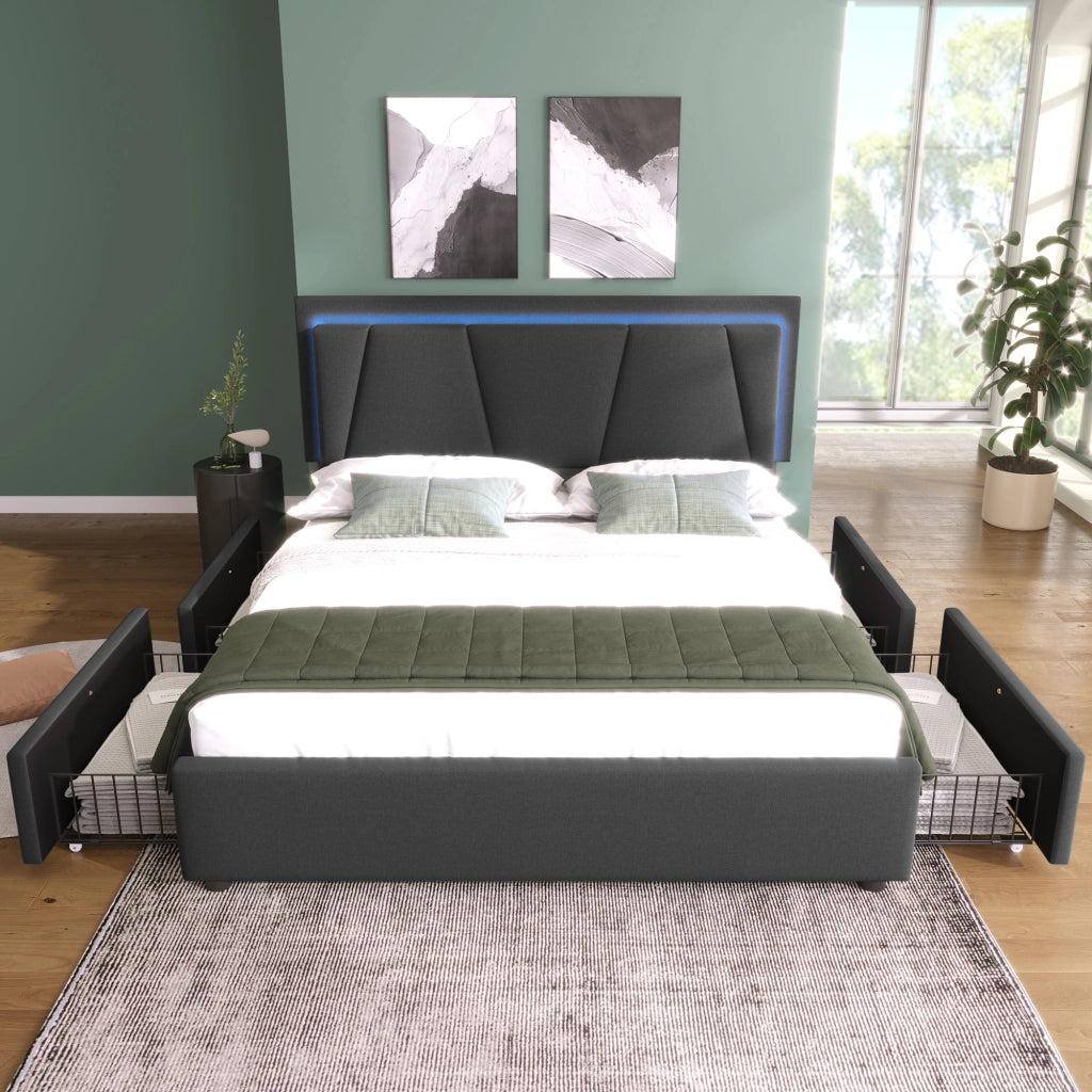 Letto Imbottito con LED e Cassetti ¨C MINIMAL ¨C Grigio, Testiera Regolabile, 140x200