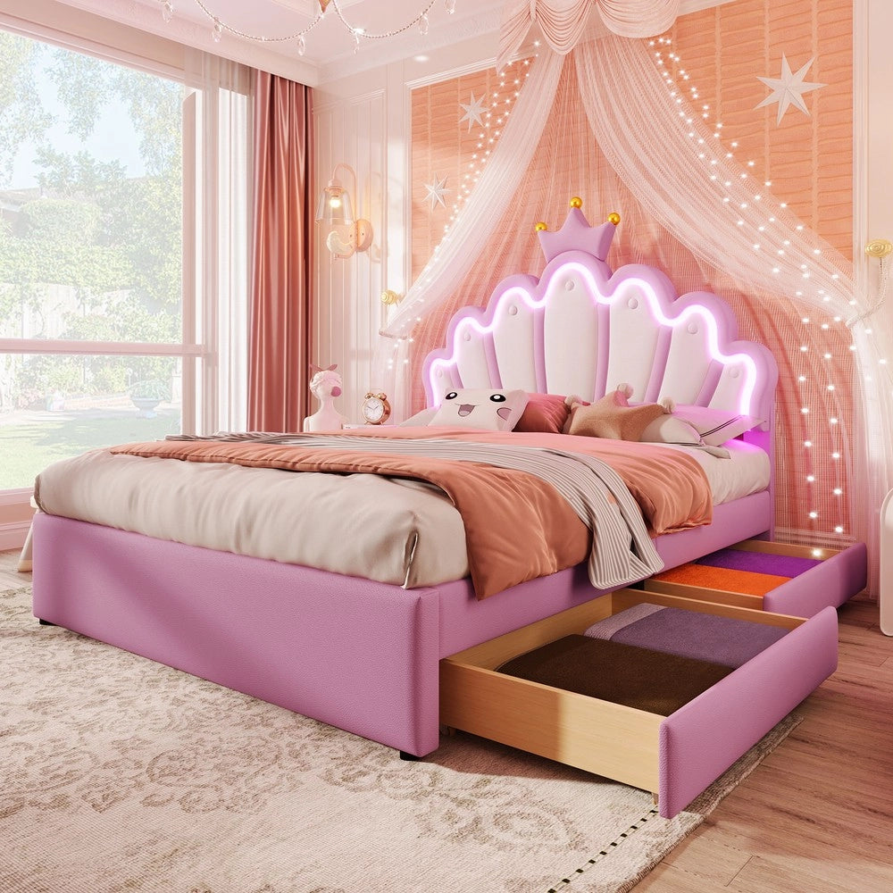 Letto Imbottito con Cassetti e Testiera Regolabile ¨C MINIMAL ¨C Rosa, PU, 140x200