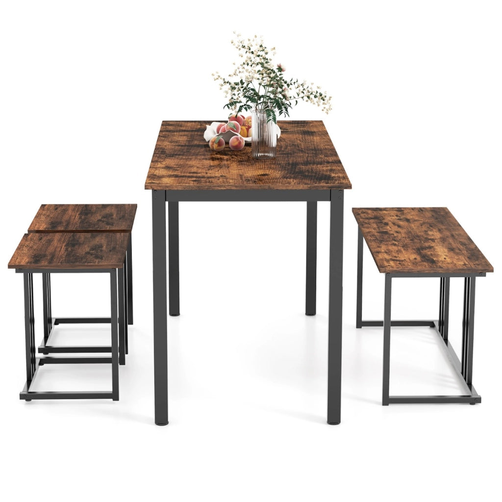 Set di tavolo da pranzo da 4 pezzi per 4 persone, Tavolo da cucina con panca e 2 sgabelli con struttura in metallo Marrone-Tavoli e sedie da pranzo