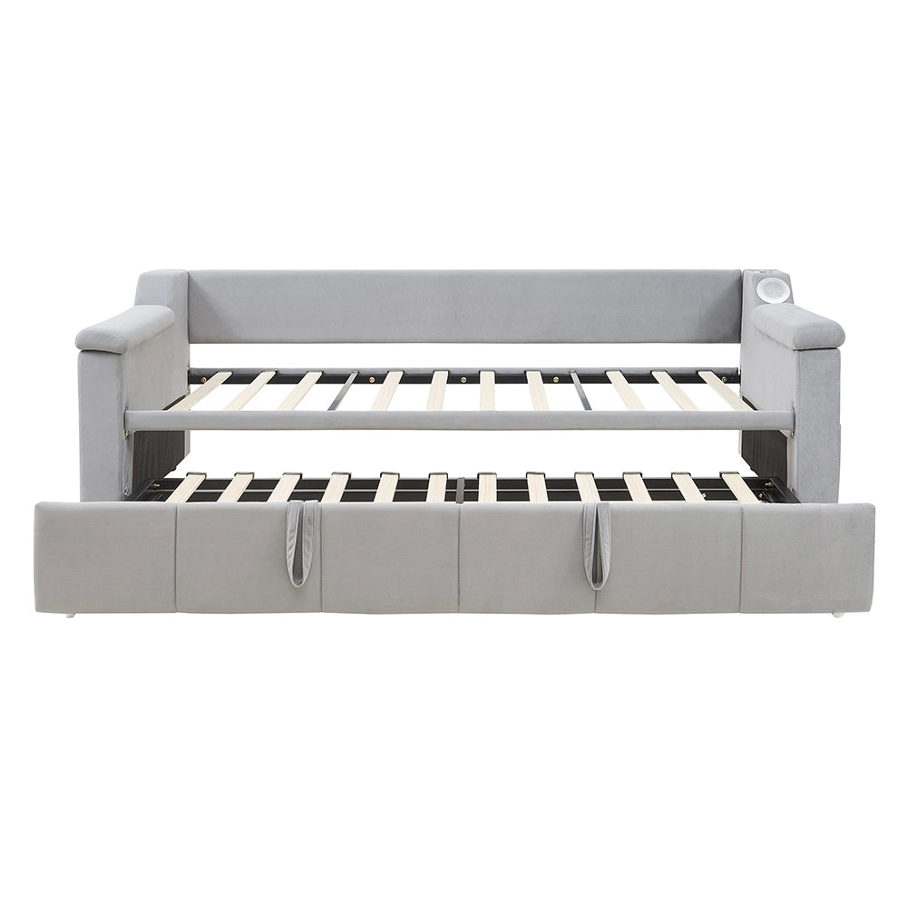 Divano letto - Xylo - 90x190 cm Bluetooth USB velluto grigio chiaro