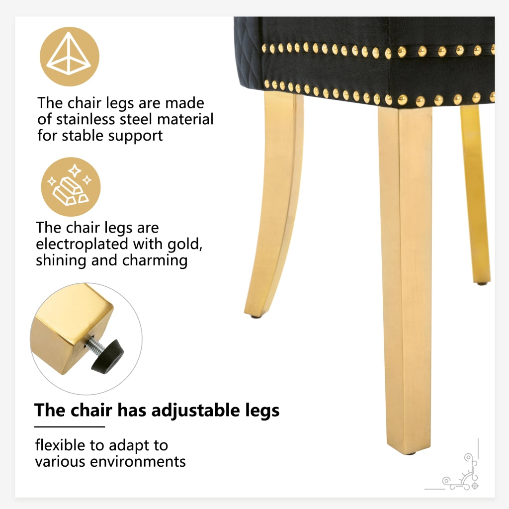 Sedia da Pranzo Imbottita in Velluto ¨C Xylo ¨C Nero/Oro, Schienale con Anello, Gambe in Acciaio Dorato, Set 6