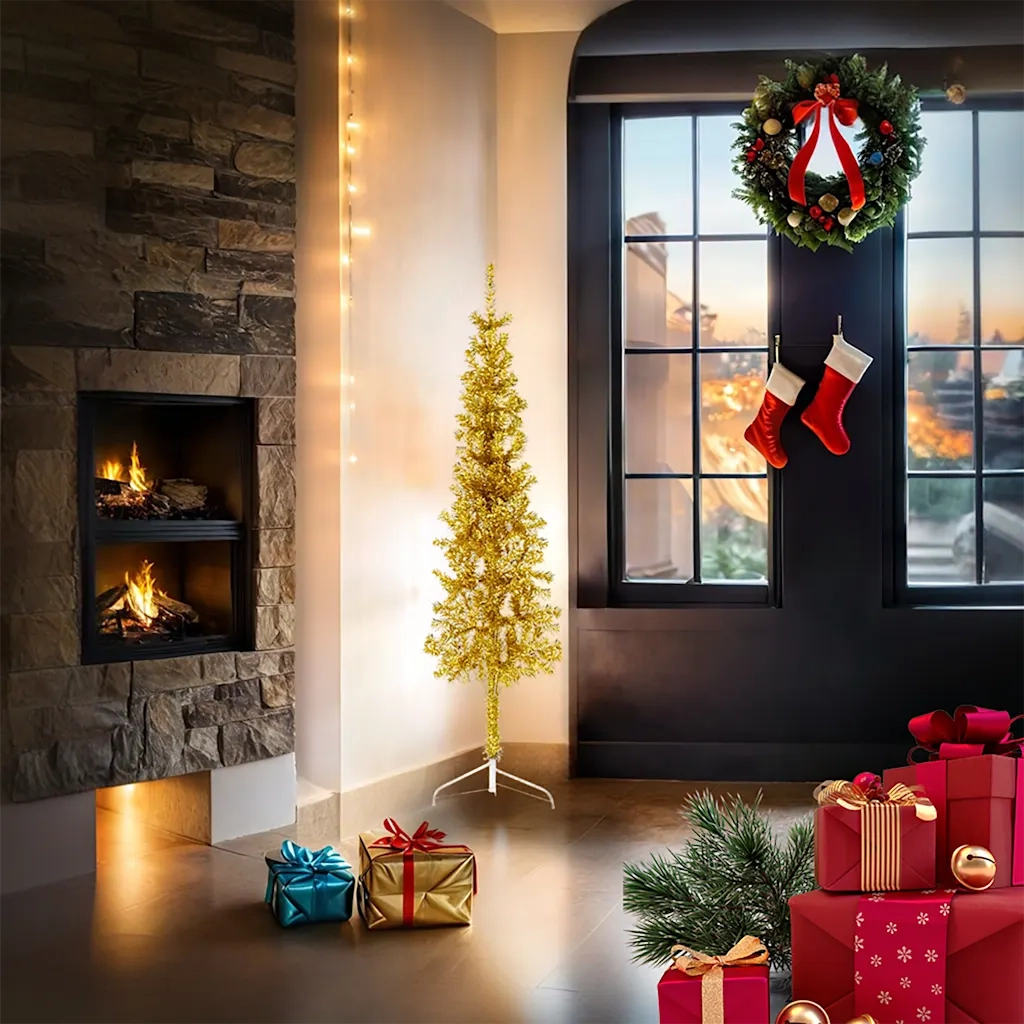 Albero Natale | Decorazioni natalizie Artificiale Sottile a Met¨¤ con Supporto Oro 150cm