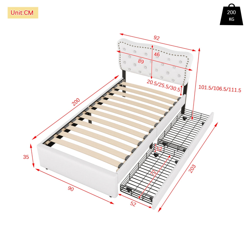Letto imbottito 90x200 cm con 2 cassetti e testiera regolabile; MDF e lino; beige chiaro