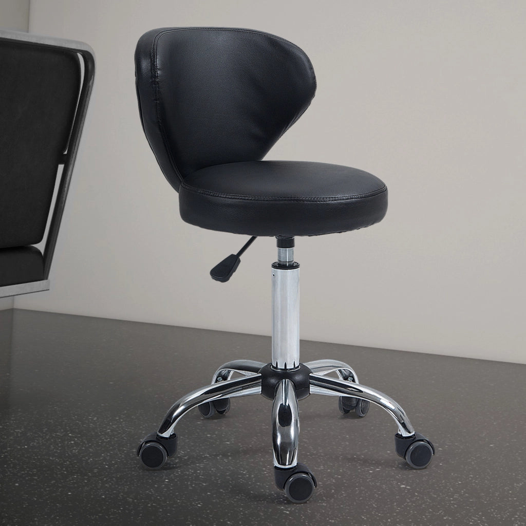 Sgabello girevole con schienale ergonomico, seduta regolabile e ruote, in pelle rigenerata, Nero