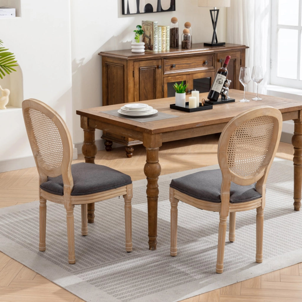 Sedie da Pranzo in Legno Massello con Schienale in Rattan ¨C Xylo ¨C Set 2 Pezzi, Tessuto Lino, Grigio