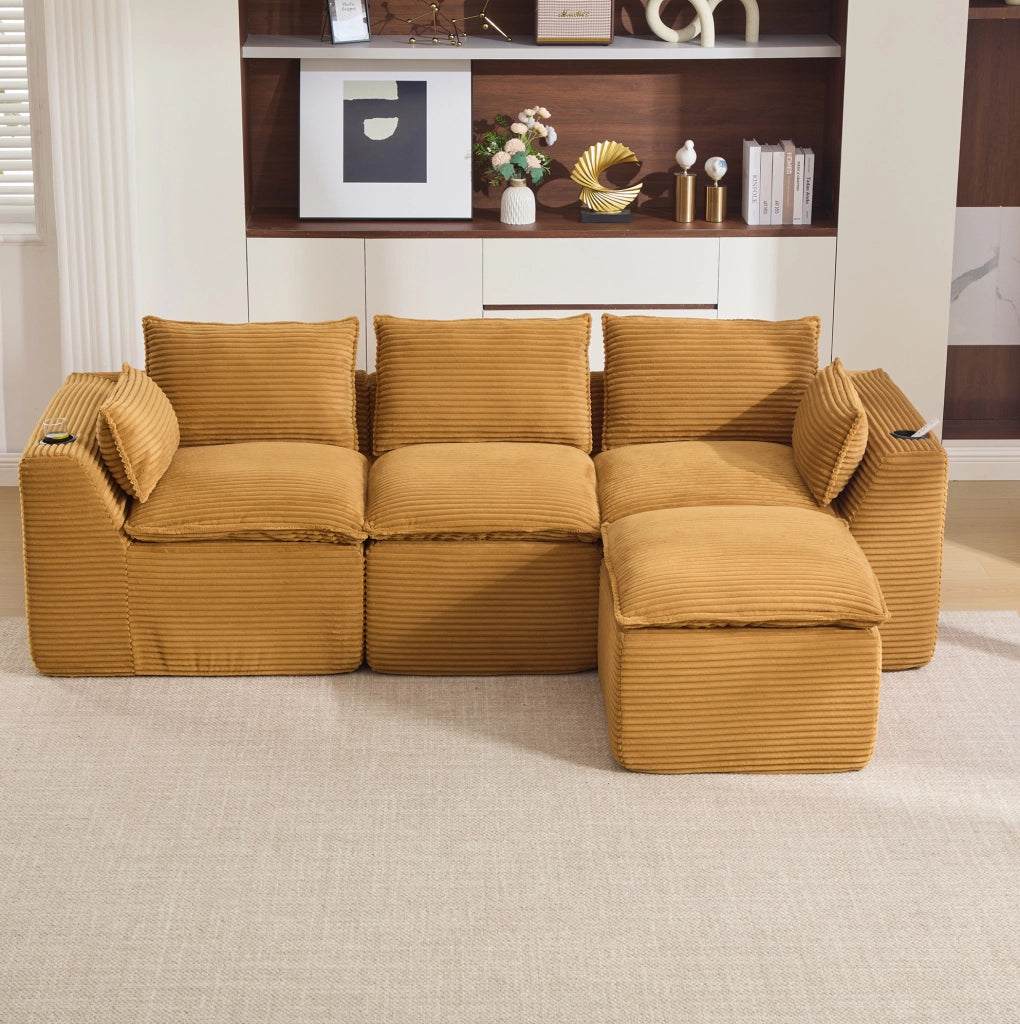 Divano modulare 3 posti con pouf; tasche laterali e cuscini; in corduroy arancione 256x161x75 cm