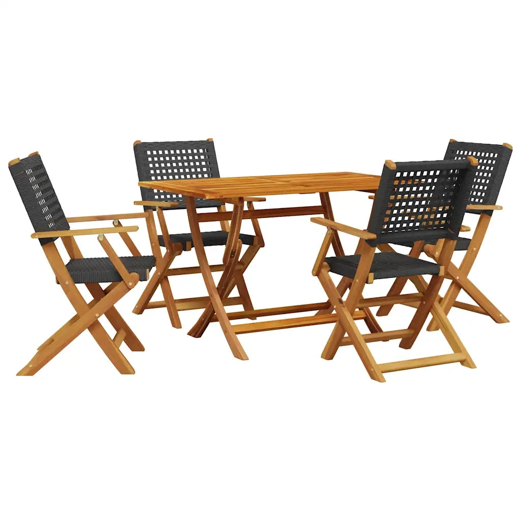 Set da Pranzo per Giardino 5pz Nero Polyrattan e Legno Massello