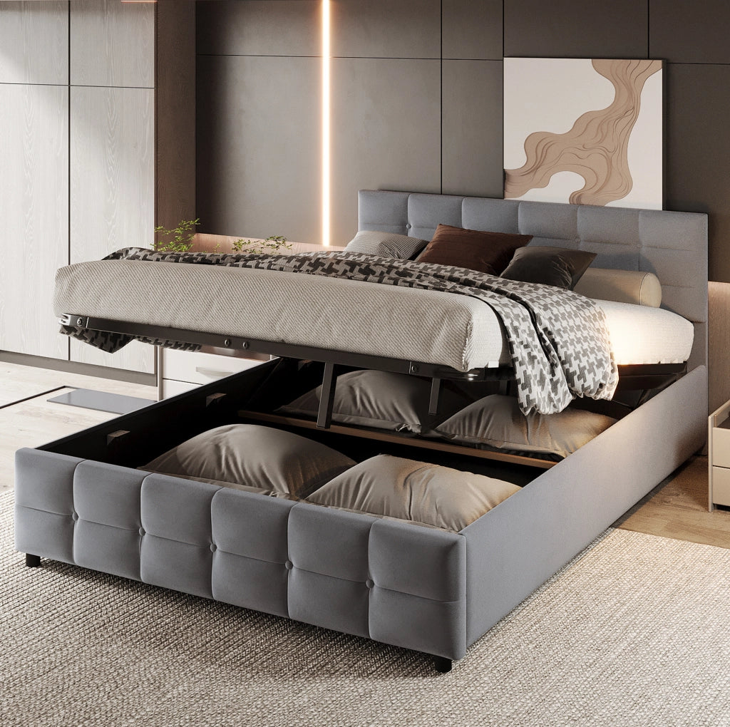Letto matrimoniale imbottito 180x200 cm con contenitore idraulico; velluto grigio