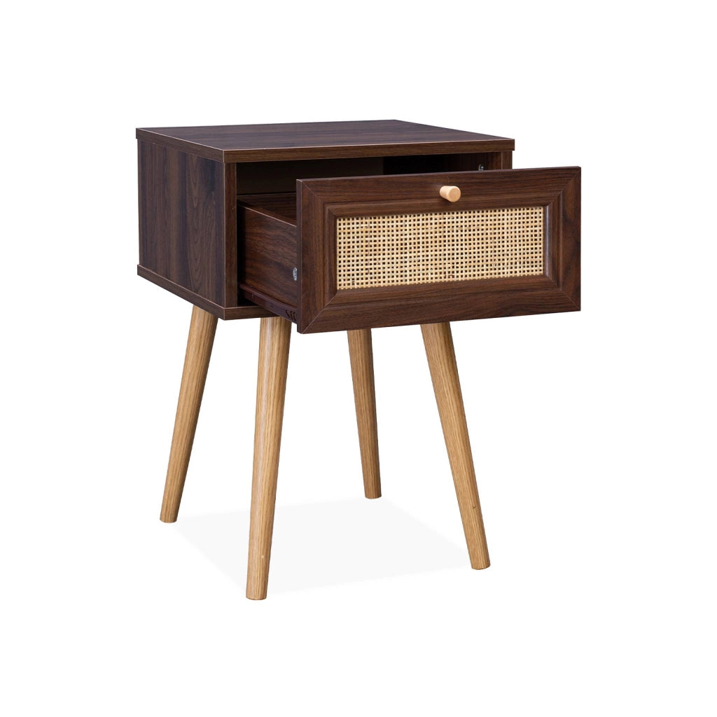 Comodino effetto legno e intrecciatura cannage, 1 cassetto, marrone