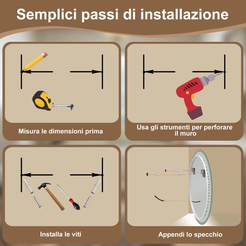 AICA Specchio Da Bagno Rotondo Da 80cm con LED, Antiappannamento, 3 Temperature Colore