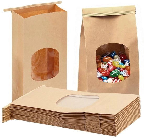 Zaketti di carta kraft di colore marrone con finestra di osservazione (25 pezzi), resistente all'olio e riciclabile, ideali per doni fatti a mano e magazzinaggio.