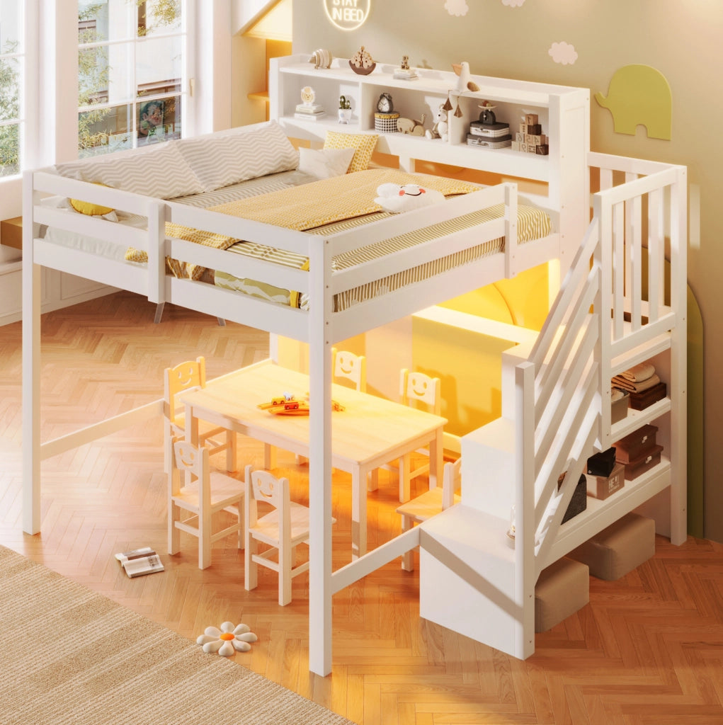 Letto a castello 140x200 cm con LED; scala con contenitore e protezioni; bianco