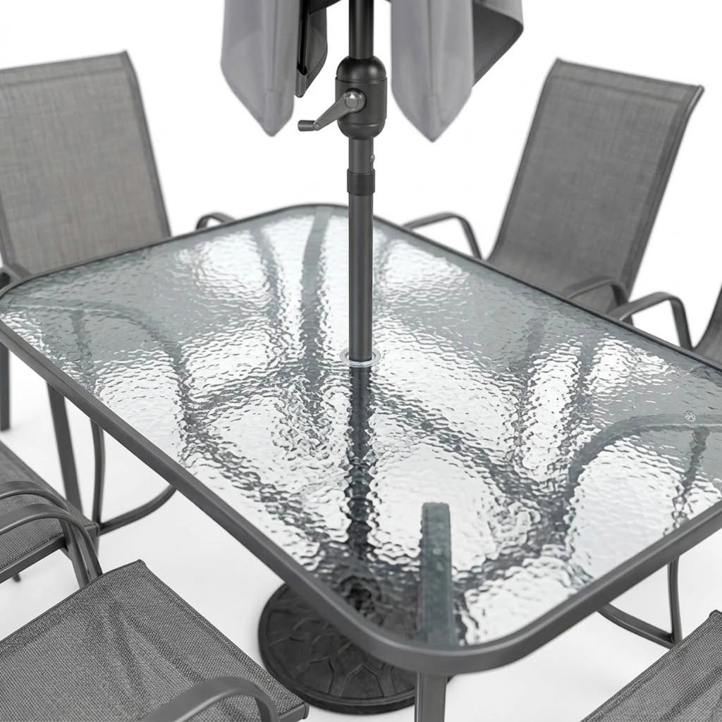 Salotto Da Esterno Con Tavolo In Vetro Temperato 6 Posti A Sedere E Ombrellone Rettangolare Ideale Per Patio Cortile Dehors E Cene All Aperto Arredo Moderno 150 x 90 x 71 Cm Grigio