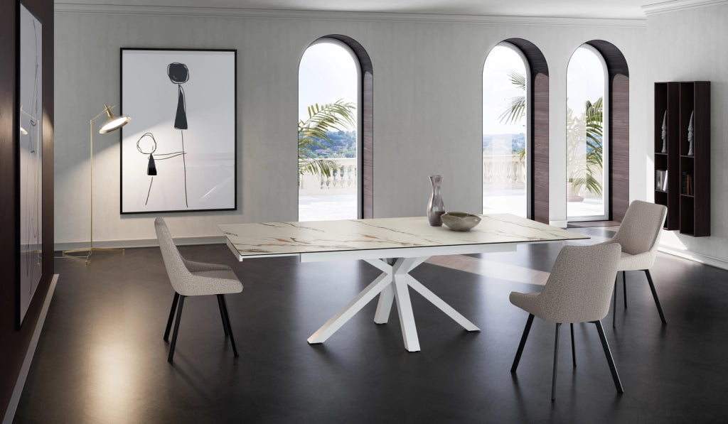 Tavolo allungabile Ceramica 1 160/240cm con top in ceramica marmo Calacatta Borghini opaca e base in metallo bianco - Stones