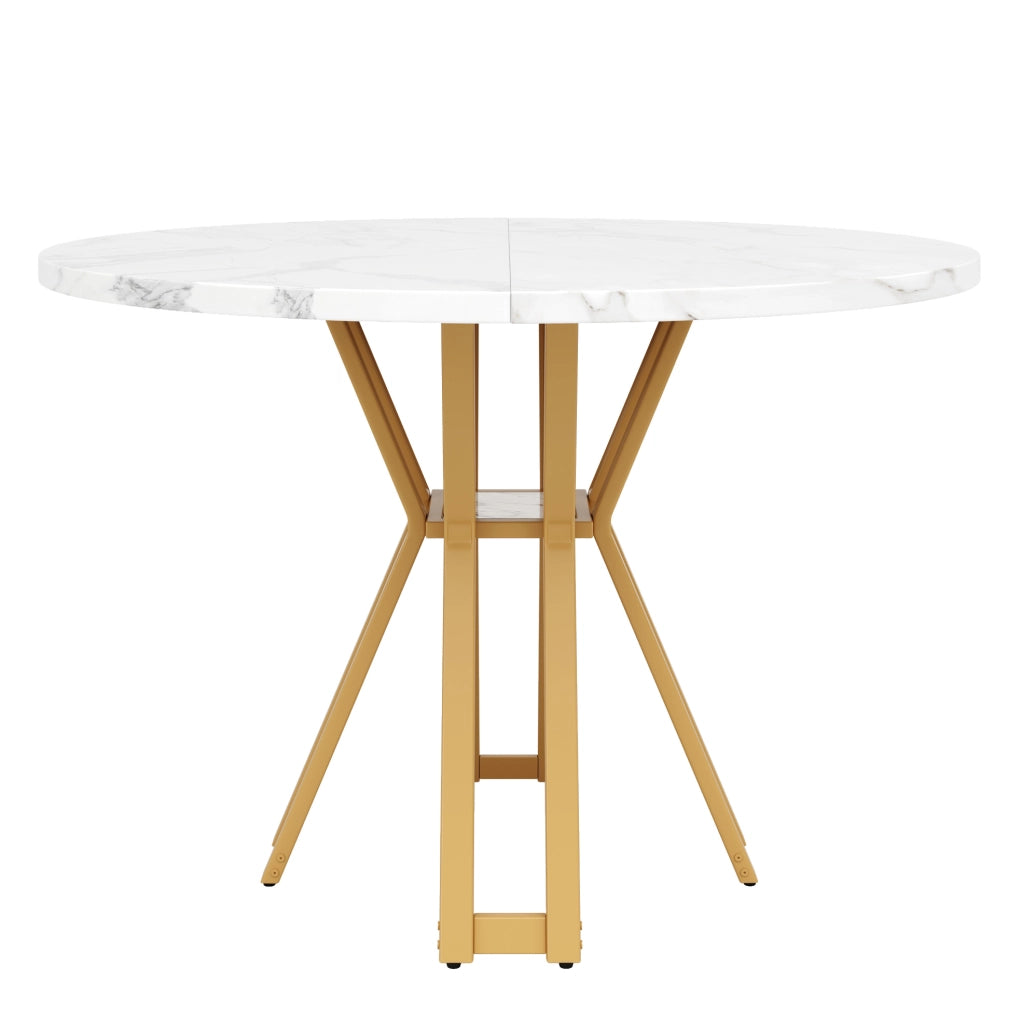 Tavolo da pranzo rotondo 100x100x76 cm in MDF e metallo; bianco e oro