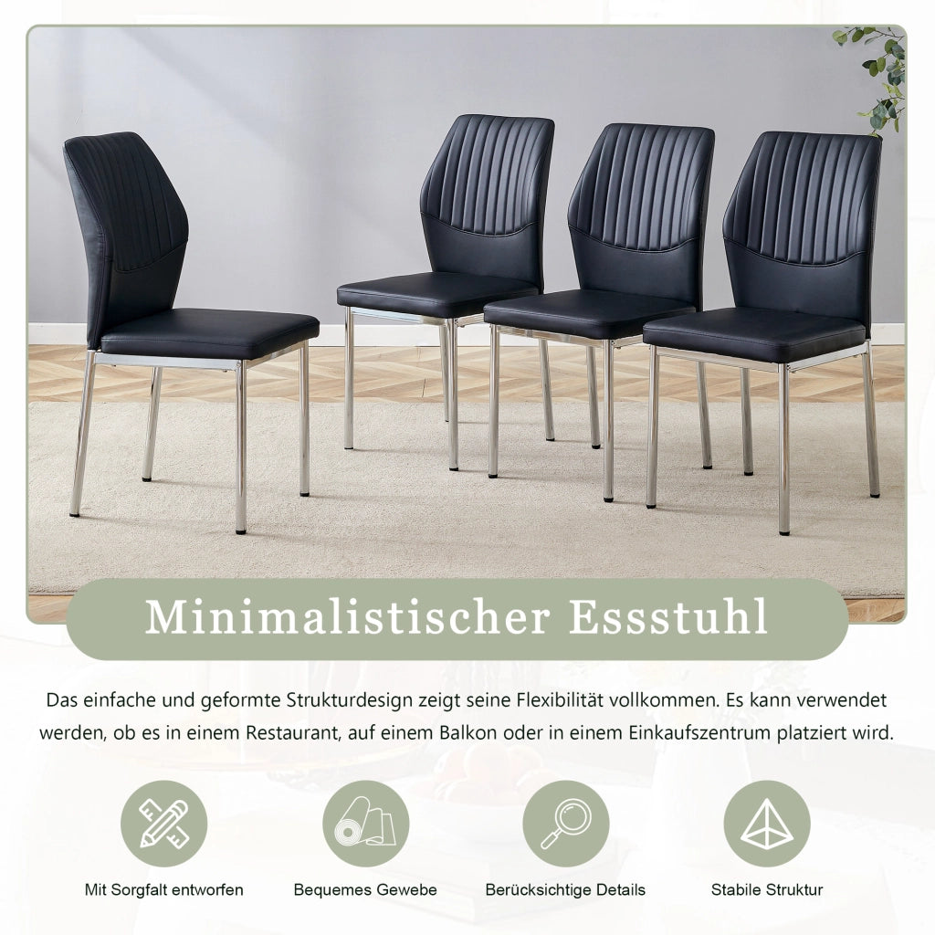 Set 4 Sedie da Pranzo ¨C MINIMAL ¨C Similpelle Nera, Gambe in Metallo Argento