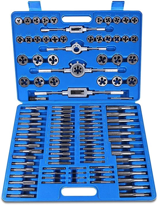 Set di Matrici e Tappi 110 pezzi - Acciaio Inox - Viti a Metro - Acciaio di Carbone - Incluso Chiave Manubrio - Attrezzatura di Precisione - Tappi