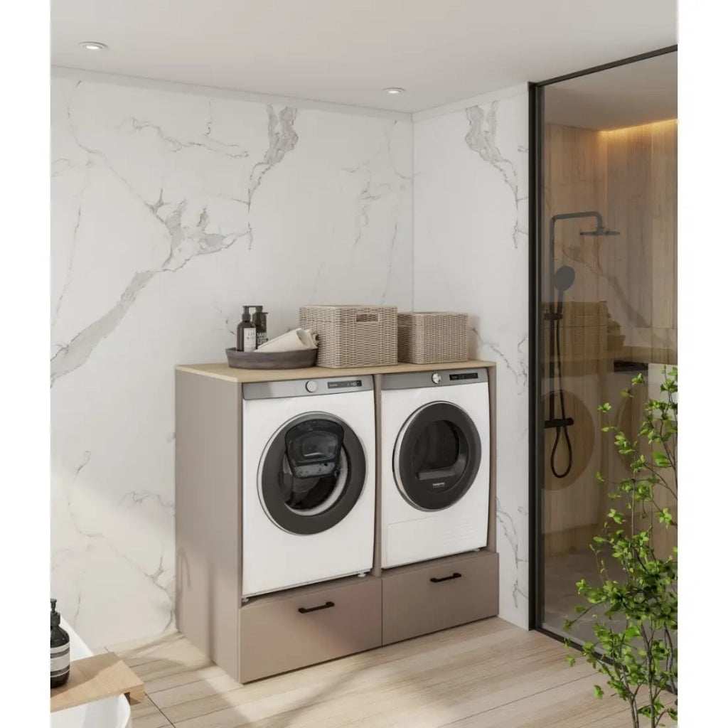 Mobile da bagno per lavatrice e asciugatrice collezione WASHING – 2 cassetti – Tortora e rovere