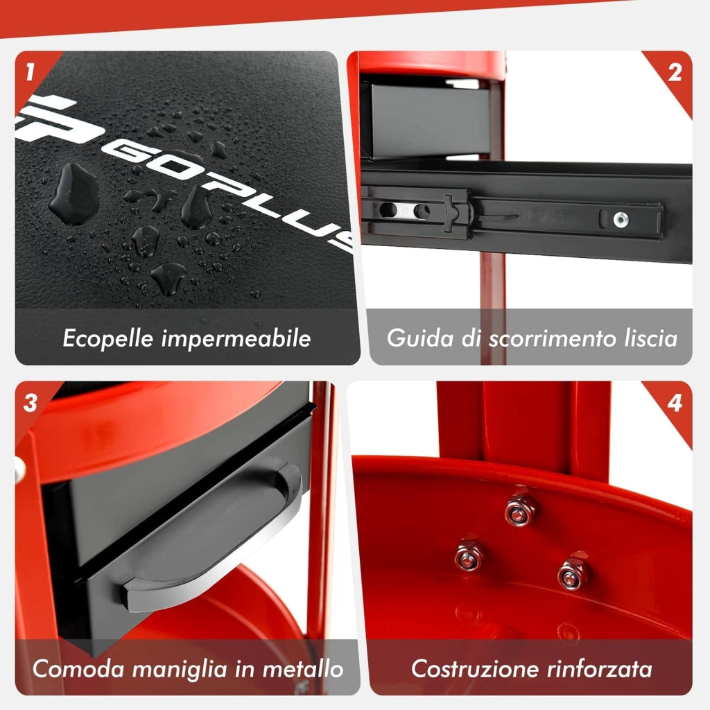 COSTWAY Sgabello da Officina, Sgabello Meccanico Rotante con 2 Cassetti, Ripiano, Vassoio, Ruote, 150 kg di capacità, per Garage, Officina