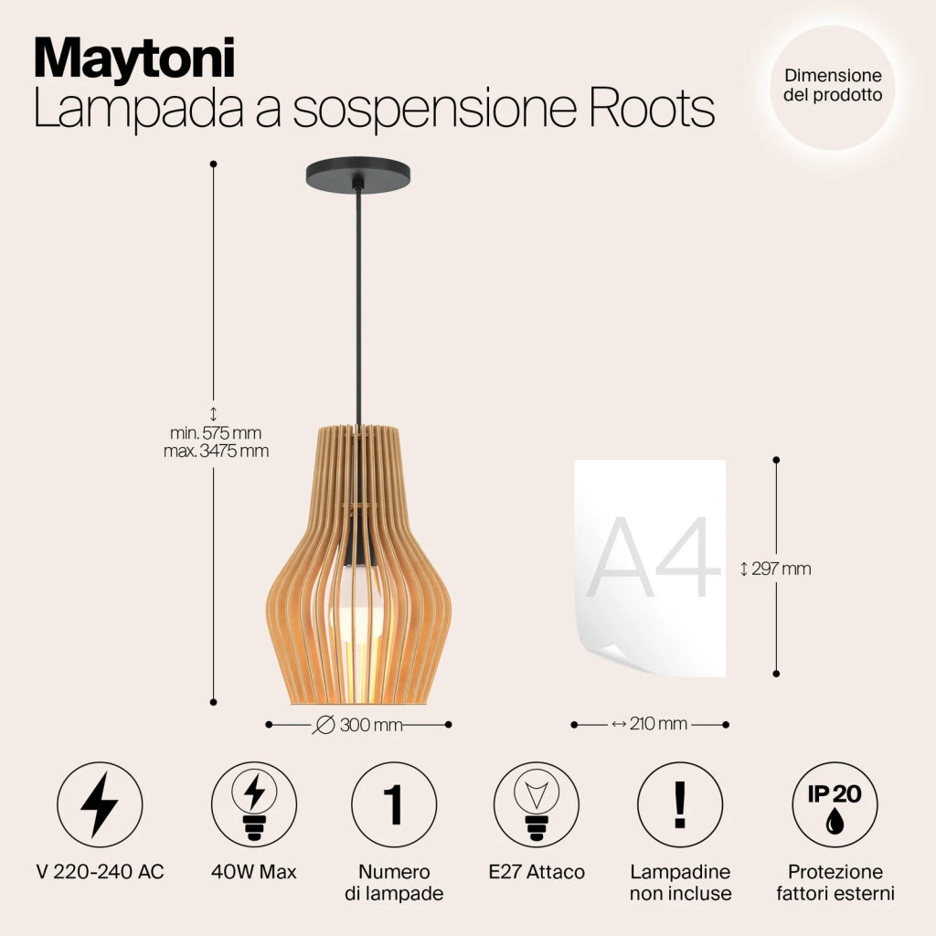 Maytoni Lampada a Sospensione Moderna Roots 1 Luce E27 40W Nero Metallo
