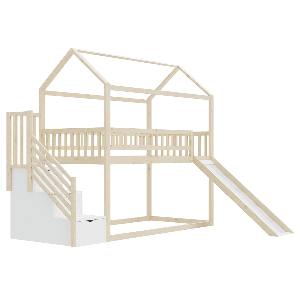 LETTO a soppalco per bambini con scivolo e scala contenitore 90x200 cm legno