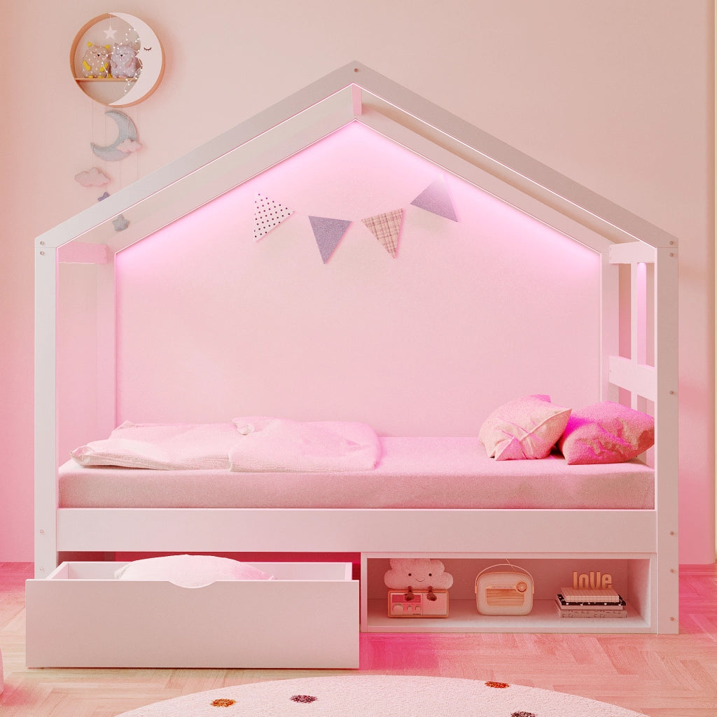 Letto Singolo con Cassetti e LED ¨C MINIMAL ¨C Bianco, Rete a Doghe, 90x190