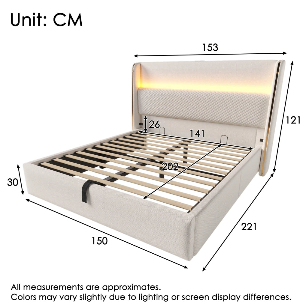 Letto matrimoniale idraulico 140x200 cm con testiera alta; LED; USB e Type-C; beige in lino